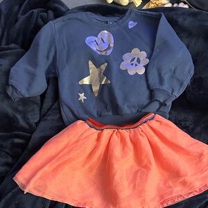 Blue Sweatshirt with Silver Graphics and Coral Skirt